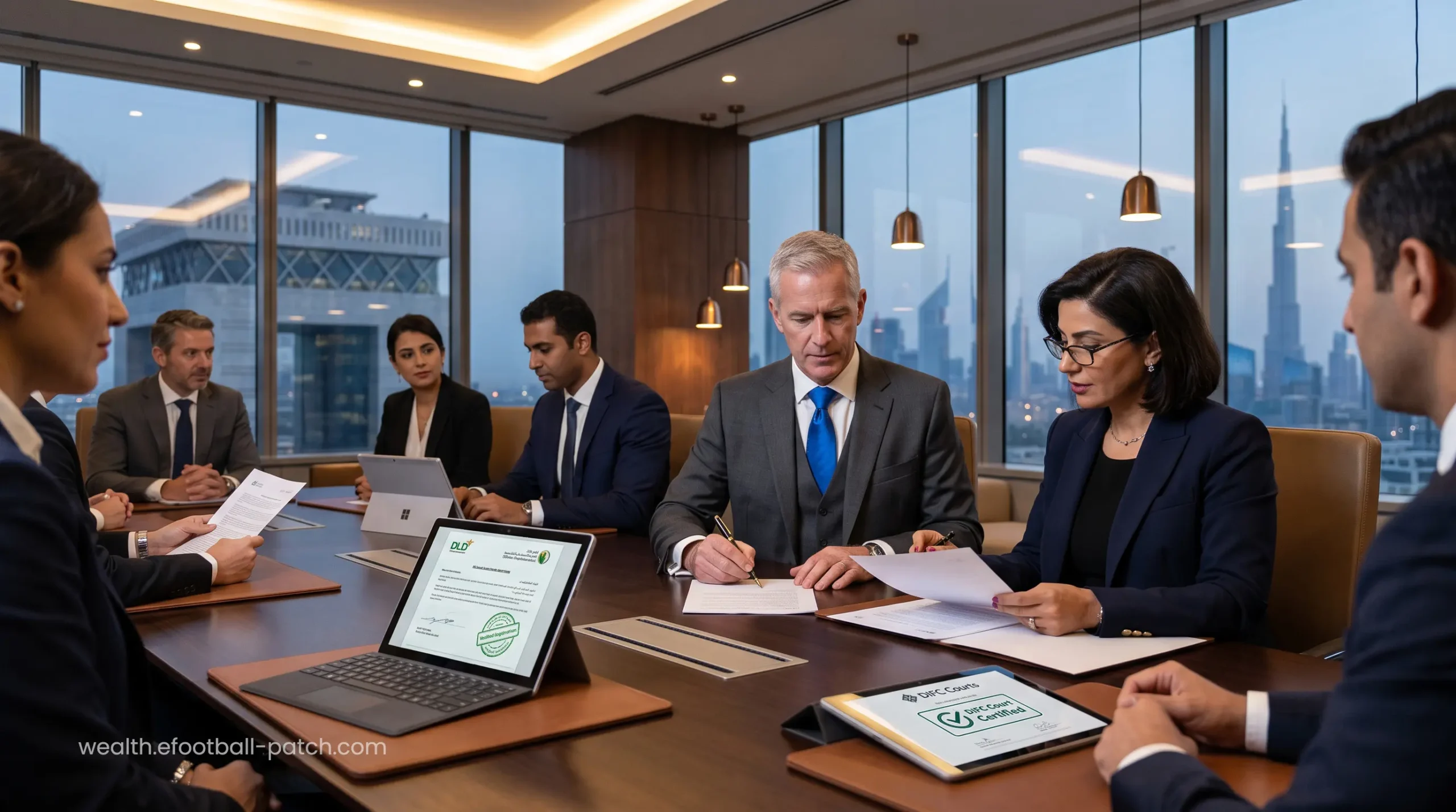 Legal counsel executing a high-value commercial lease agreement under DIFC common law.