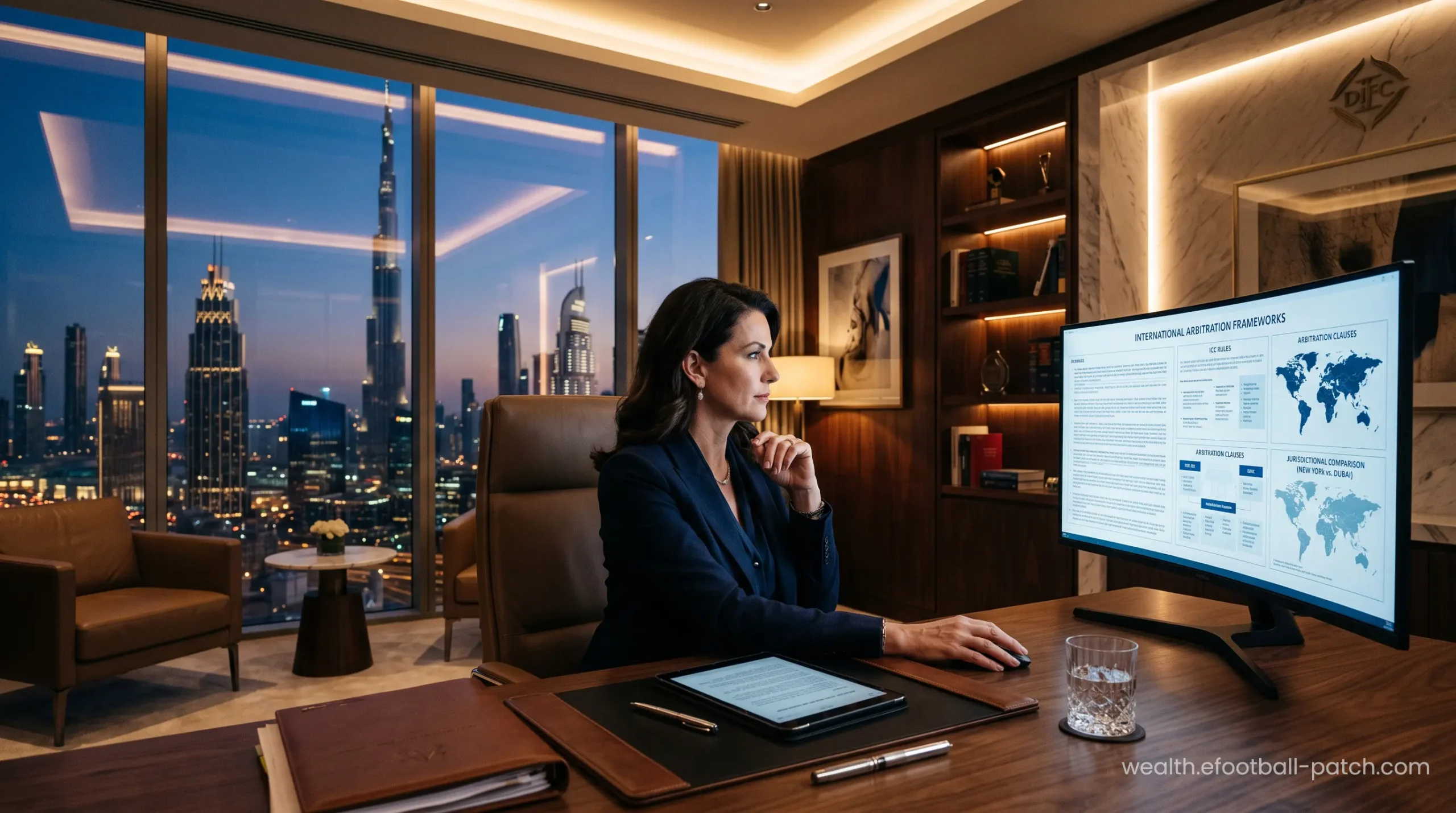 Corporate lawyers discussing international arbitration in a DIFC legal chamber.