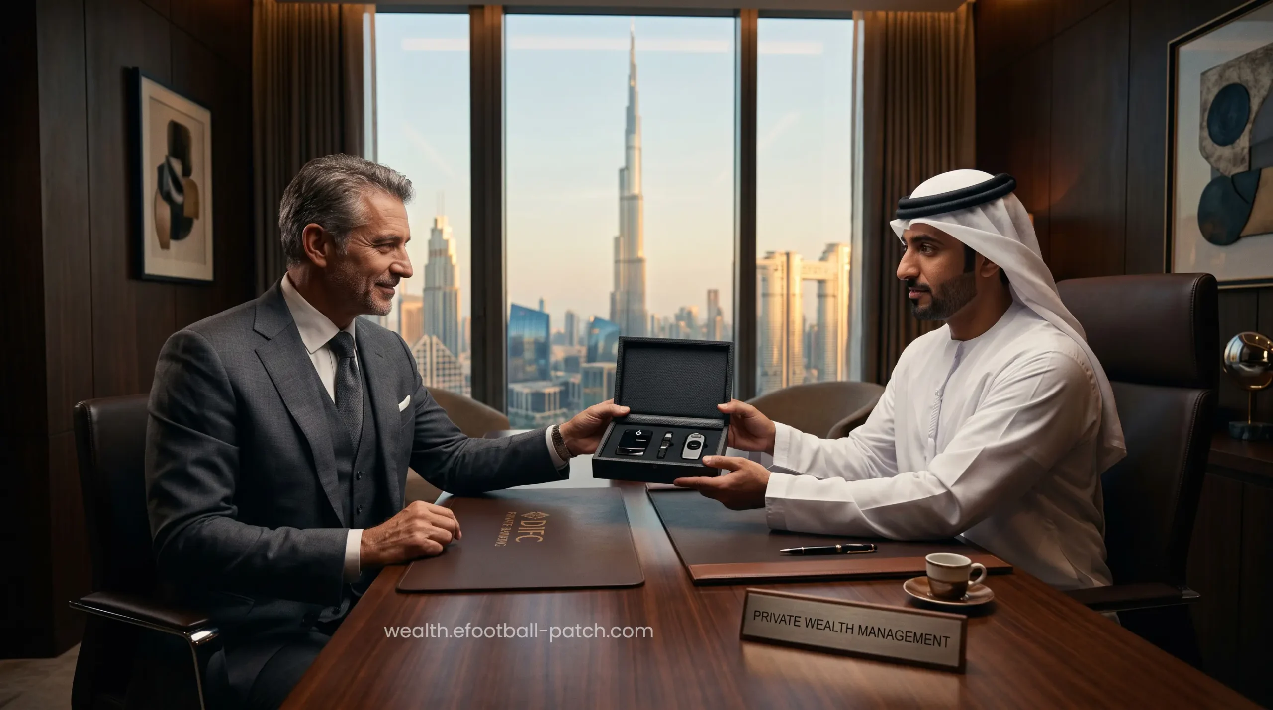 Elite corporate advisors facilitating a DIFC private bank account opening for a global investor.