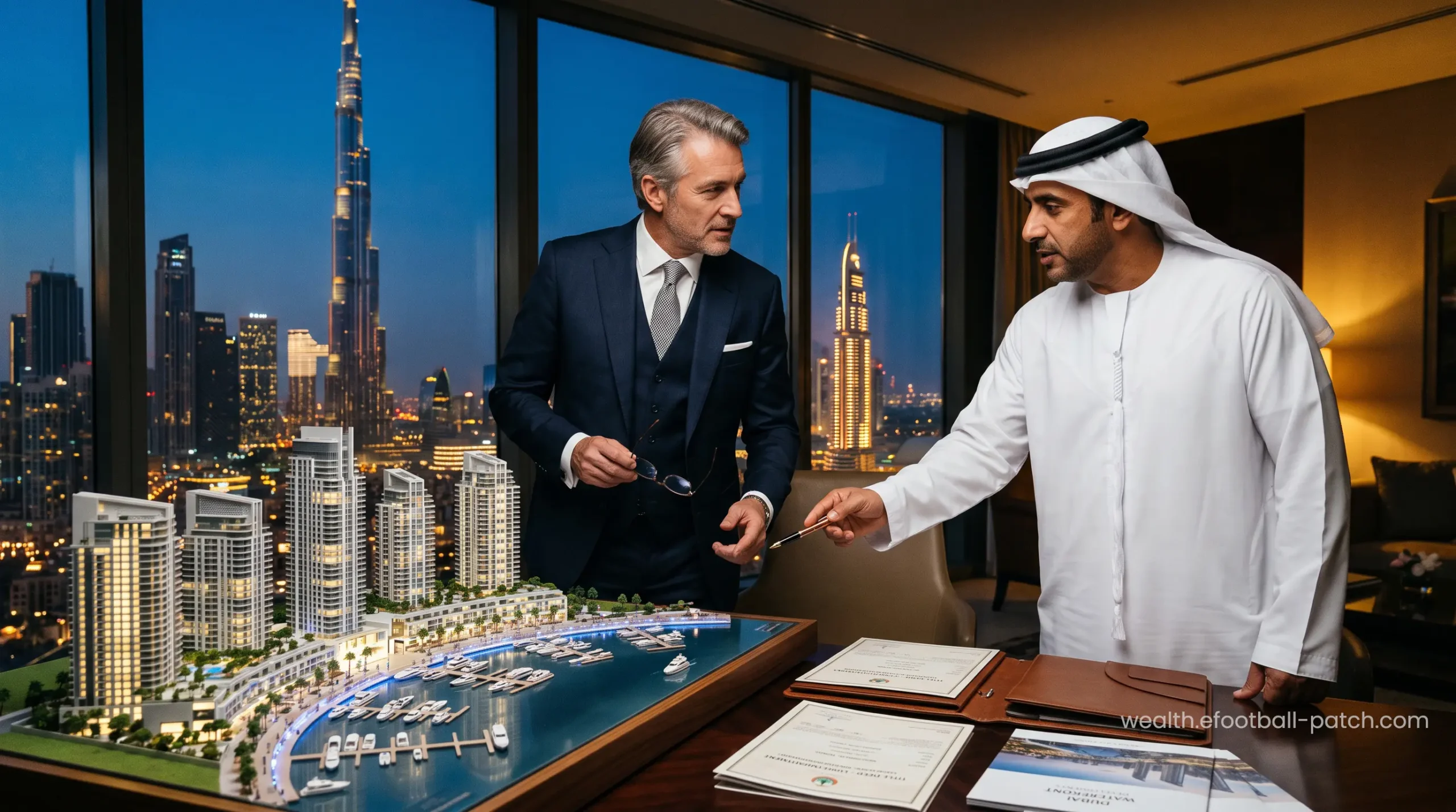 Elite investor examining architectural blueprints of luxury waterfront properties in Dubai.