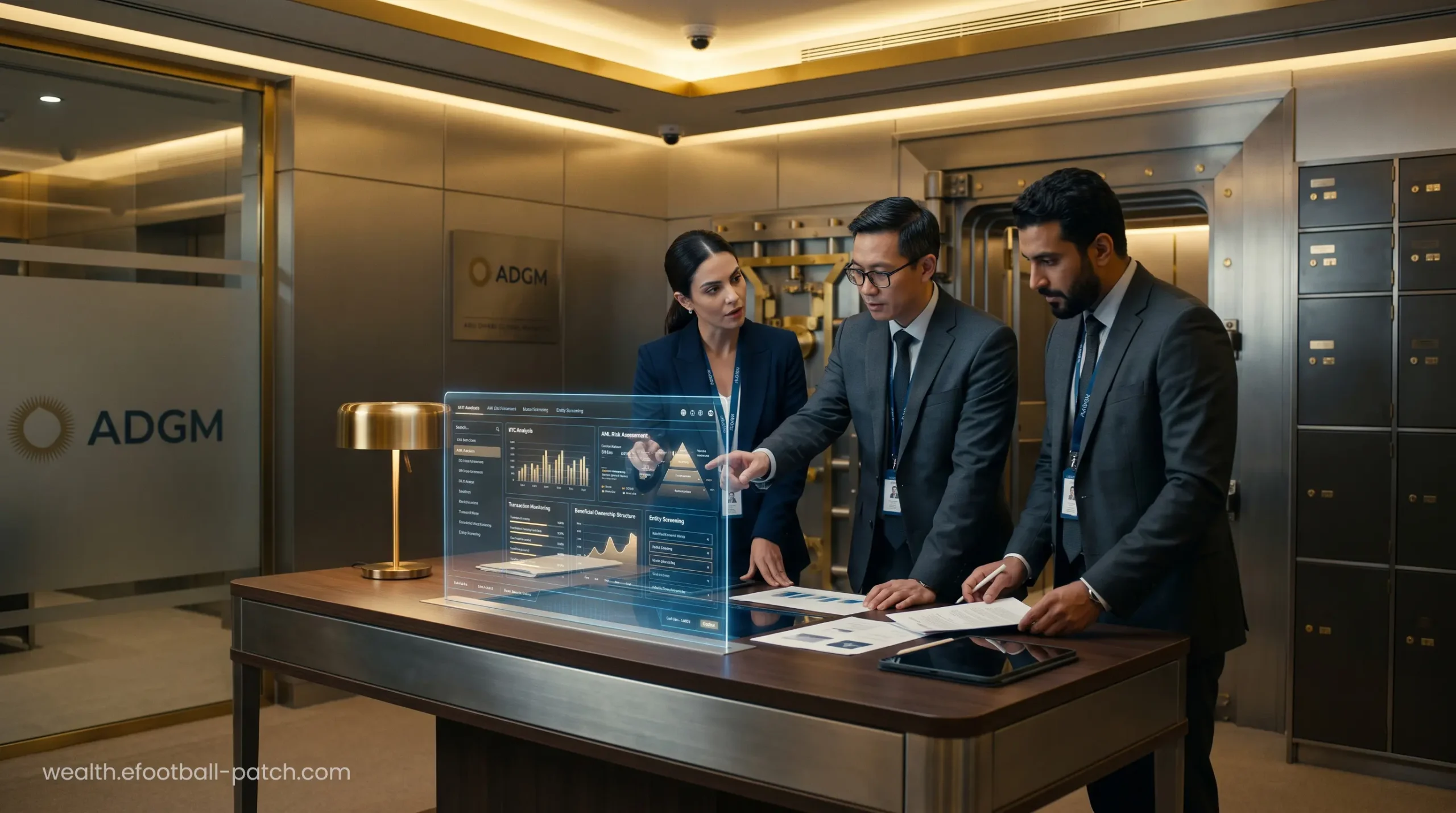 Financial compliance officers reviewing UAE corporate banking KYC documents on a secure digital interface.