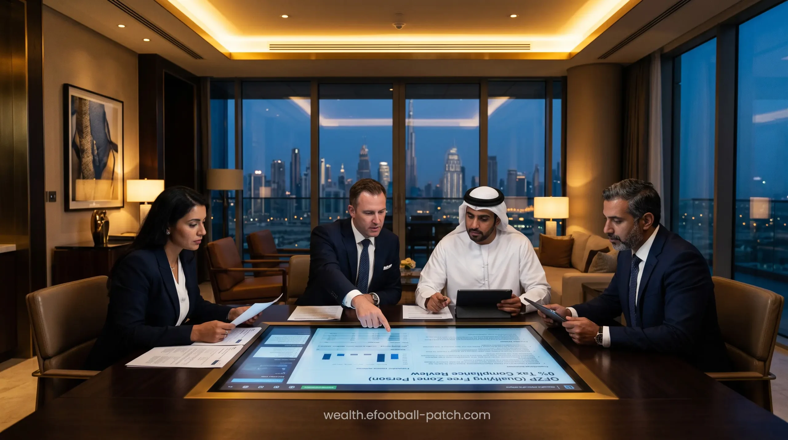 Legal advisors discussing UAE corporate tax exemption and QFZP status in a premium office.